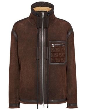 Fendi High Neck Zip-Up Oversized Jacket - Brown