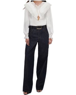 Self-Portrait Cream Viscose Lace Top - Blue