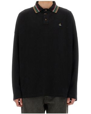 Vivienne Westwood Logo Embroidered Long-Sleeved Polo Shirt - Black