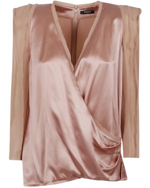Balmain Shoulder-Pad Satin Blouse - Pink