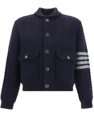 Thom Browne Bar Stripe Cable-Knit Bomber Jacket - Blue