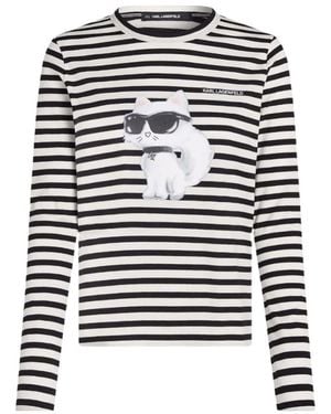 KARL LAGERFELD Ikon Choupette Striped Top - White