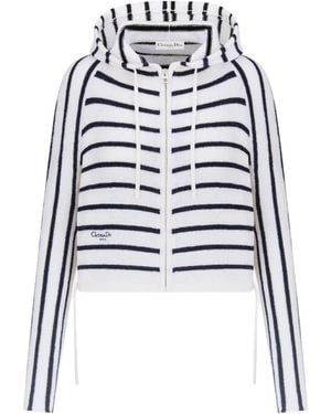 Dior Christian Striped Zip-Up Drawstring Cardigan - White
