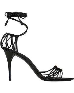 Saint Laurent Leather Stiletto Sandals With Bronze Ysl Logo - Black