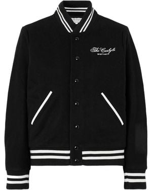 Sporty & Rich Embroidered Striped Wool Blend Baseball Jacket - Black
