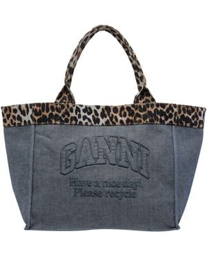 Ganni Logo Detailed Reversible Medium Tote Bag - Black
