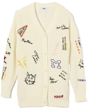 MSGM Graffiti-Embroidered Ribbed-Knit Cardigan - Natural