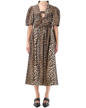 Ganni Short-Sleeved Dress - Brown