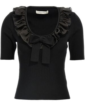 Alessandra Rich Bow Ruffled T-Shirt - Black