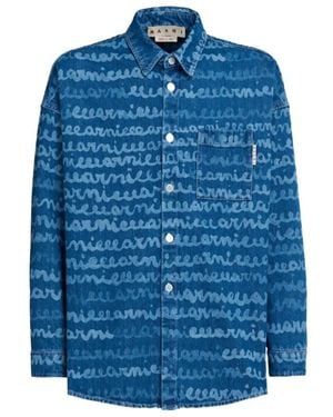 Marni Logo Printed Buttoned Denim Shirt - Blue