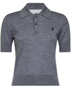 Ami Paris Ami Ami De Coeur Short-Sleeved Knitted Polo Shirt - Grey