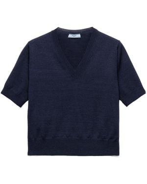 Prada V-Neck Knitted Top - Blue