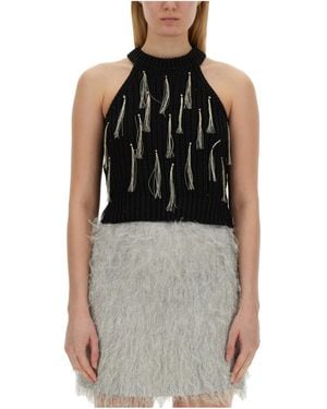Alysi Fringe Embroidered Sleeveless Knitted Top - Black