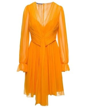 Alberta Ferretti Pleated V-Neck Mini Dress - Orange