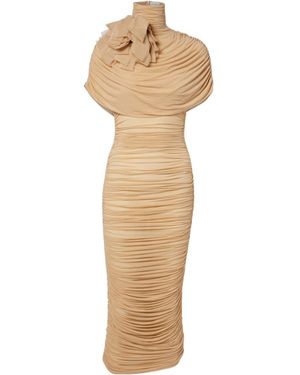 Magda Butrym Floral-Applique Ruched Caped Jersey Midi Dress - Natural
