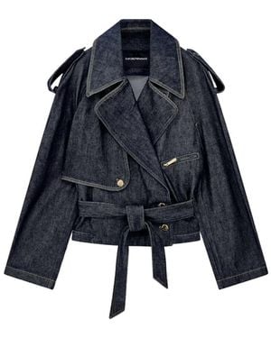 Emporio Armani Belted Denim Jacket With Wide Lapels And Epaulettes - Blue