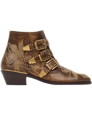Chloé Susanna Studded Buckle-Strap Ankle Boots - Brown