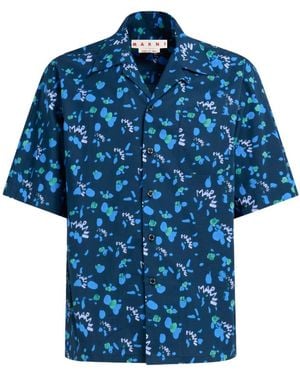 Marni Allover Ink Print Cotton Sport Shirt - Blue