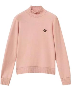 Twinset High-Neck Knit Sweater With Brooch - Pink