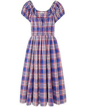 Doen Quinn Checked Tie-Detailed Shirred Cotton-Poplin Midi Dress - Purple