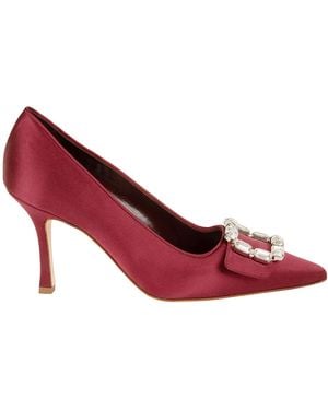 Manolo Blahnik Satin Embellished Buckle Pumps - Red