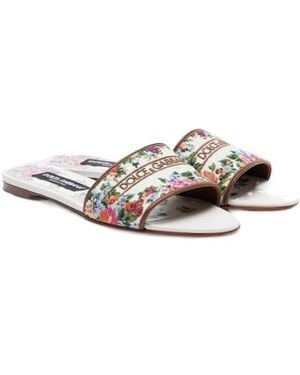 Dolce & Gabbana Floral Leather-Trimmed Slides - White