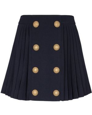Balmain Ladies Marine Pleated Button-Detail Skirt - Blue