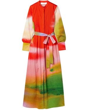 Oscar de la Renta Belted Pintucked Printed Cotton-Blend Poplin Maxi Dress - Red