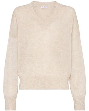 Brunello Cucinelli V-Neck Drop-Shoulder Jumper - Natural
