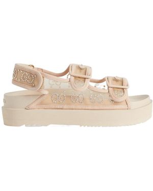 Gucci Crystal-Embellished Monogram-Pattern Sandals - Natural
