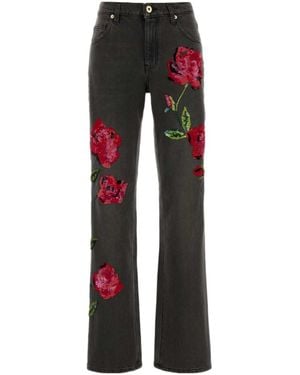 Blumarine Sequin Floral Straight-Leg Jeans - Red