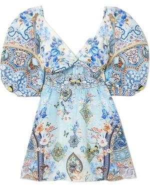 CAMILLA Crystal-Embellished Linen And Silk-Blend Mini Dress - Blue
