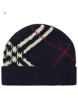 Burberry Check Cashmere Blend Beanie - Blue