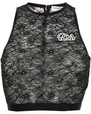 Alessandra Rich Sleeveless Cropped Laced Tank Top - Black