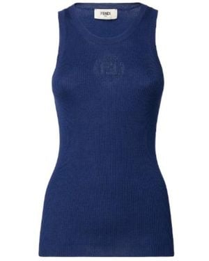 Fendi Ribbed-Knit Ff-Motif Top - Blue