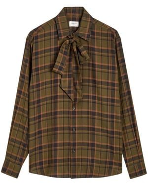 Saint Laurent Checked Tie-Neck Cotton Shirt - Brown