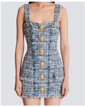 balmain blue tweed dress 4k Gorgeous Authentic Balmain Gold Buttons Blue Tweed Mini Dress Size 36