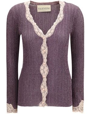 Valentino V-Neck Lace Detailed Cardigan - Purple