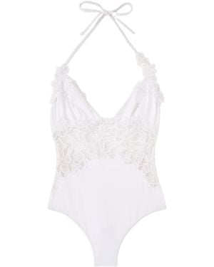 Ermanno Scervino One-Piece Swimsuit With V-Neck And Macramé Lace Inserts - White