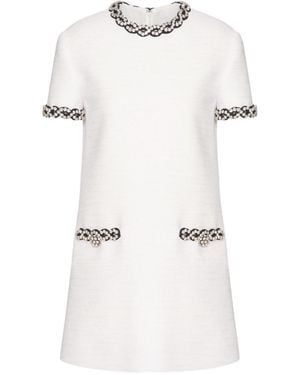 Valentino Embroidered Crisp Tweed Short Dress - White