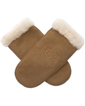 UGG Embroidered-Logo Shearling Mittens - Brown