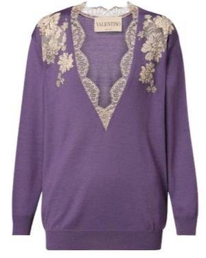 Valentino Lace-Trimmed Virgin Wool Sweater - Purple