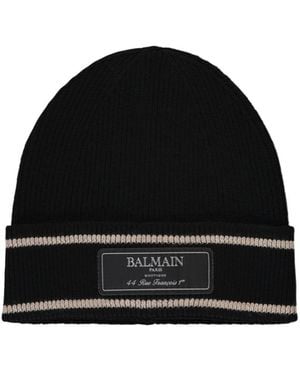Balmain Logo Patch Ribbed Beanie Hat - Black