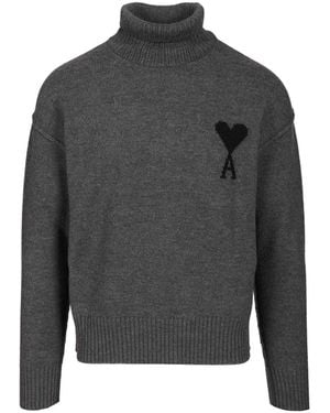 Ami Paris Heart-Logo Turtleneck Jumper - Grey