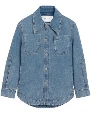 Ami Paris Logo Detailed Denim Overshirt - Blue
