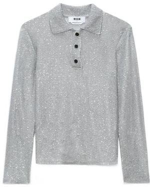 MSGM Long Sleeved Sequin Embellished Knit Polo Top - Grey