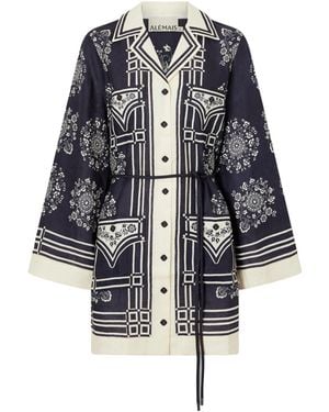 ALÉMAIS Belted Printed Linen Mini Dress - Blue