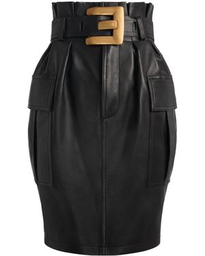 Balmain Belted Lambskin Skirt - Black