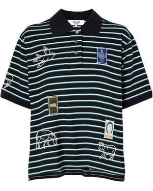 Sea Embroidered Striped Cotton Polo Shirt - Blue