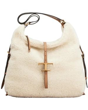Tod's T Plaque Shearling Tote Bag - Natural